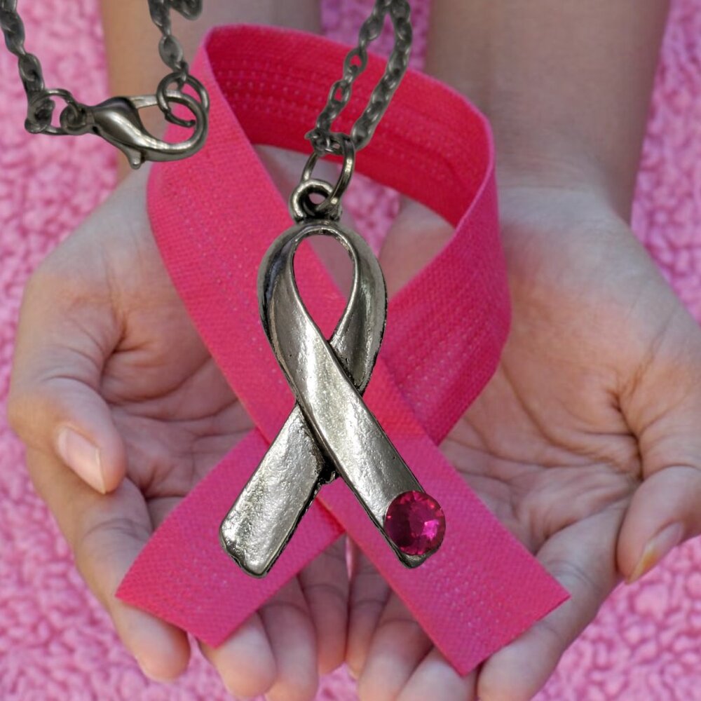 Breast Cancer Awareness Ribbon Necklace with Pink Gem Accent